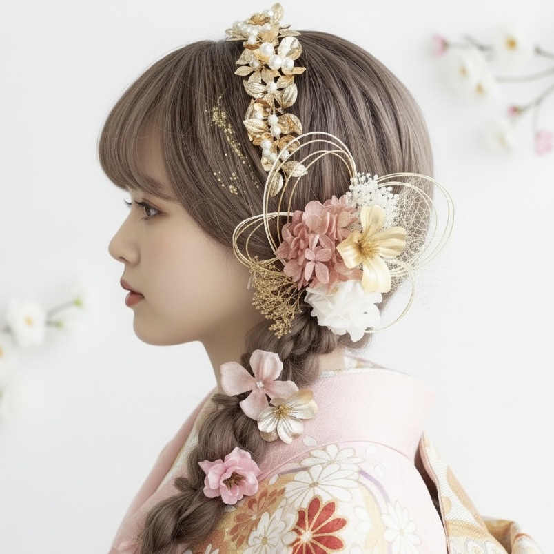 A114 カチューシャ ゴールド×ピンク　髪飾り  成人式　卒業式　袴　振袖　結婚式　水引　ドライフラワー