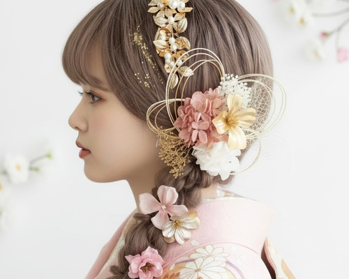 A114 カチューシャ ゴールド×ピンク 髪飾り 成人式 卒業式 袴 振袖