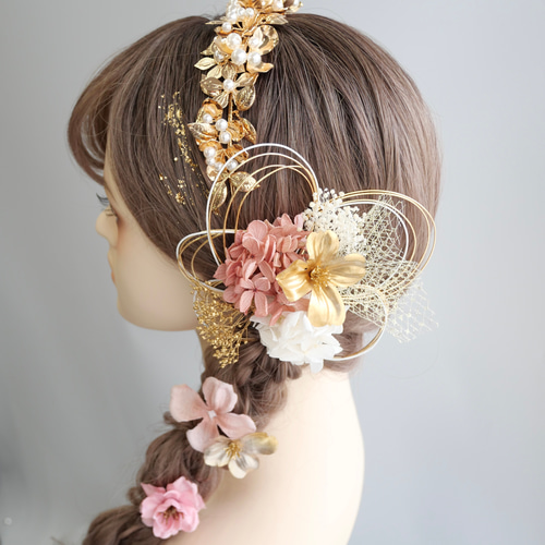 A114 カチューシャ ゴールド×ピンク 髪飾り 成人式 卒業式 袴 振袖