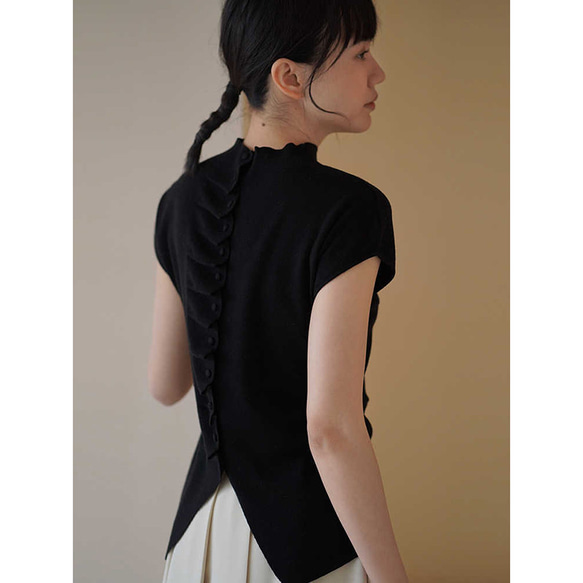 背中設計感ありニットベスト　ウール混紡ニットベスト　ブラック　M-L#685 1枚目の画像