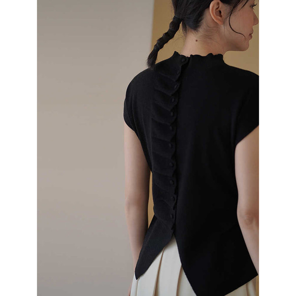 背中設計感ありニットベスト　ウール混紡ニットベスト　ブラック　M-L#685 4枚目の画像