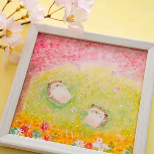 送料無料｜【複製画】「お花見はりねずみ」 桜 パステルアート 花 春