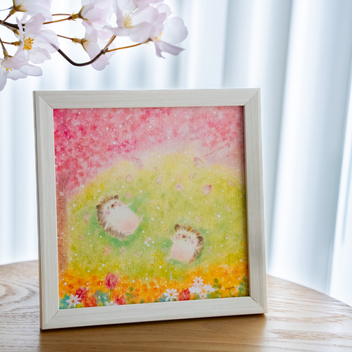 送料無料｜【複製画】「お花見はりねずみ」 桜 パステルアート 花 春