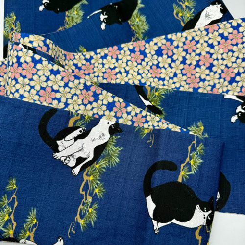 【目玉商品】4157木綿半幅帯　猫柄 　豪華水引3点セット・絹帯締め 目玉商品】4157木綿半幅帯 猫柄 豪華水引3点セット・絹帯締め