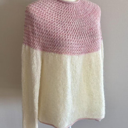 手編み ツートンセーター  ピンク&クリーム 1枚目の画像