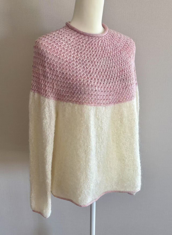 手編み ツートンセーター  ピンク&クリーム 1枚目の画像