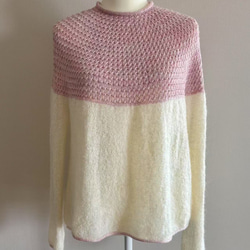 手編み ツートンセーター  ピンク&クリーム 5枚目の画像