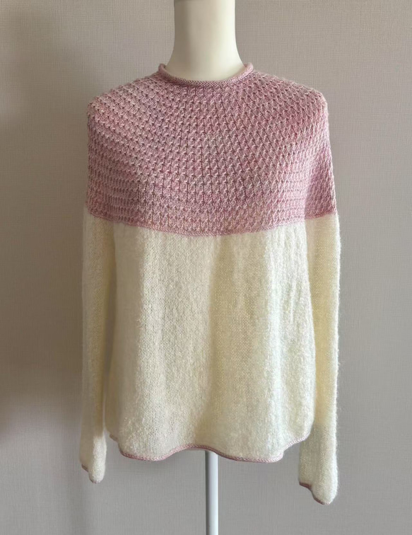 手編み ツートンセーター  ピンク&クリーム 5枚目の画像