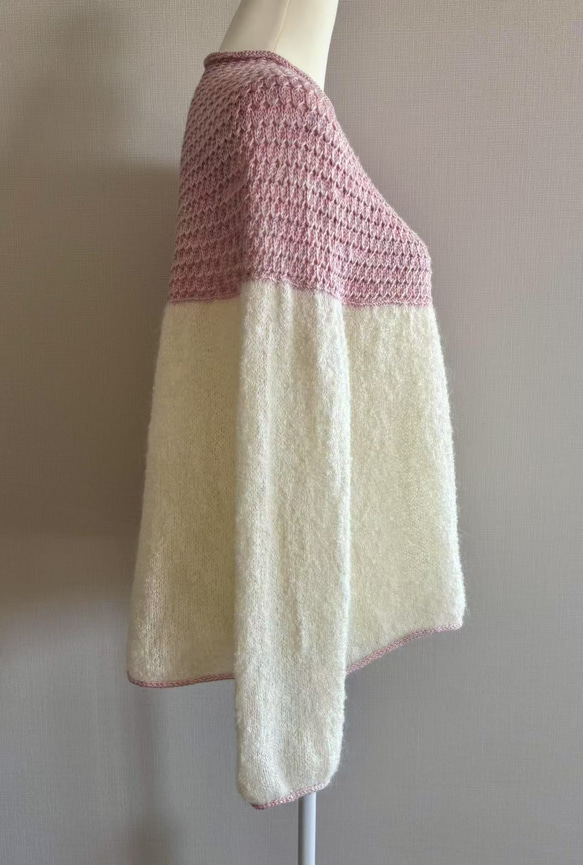手編み ツートンセーター  ピンク&クリーム 7枚目の画像