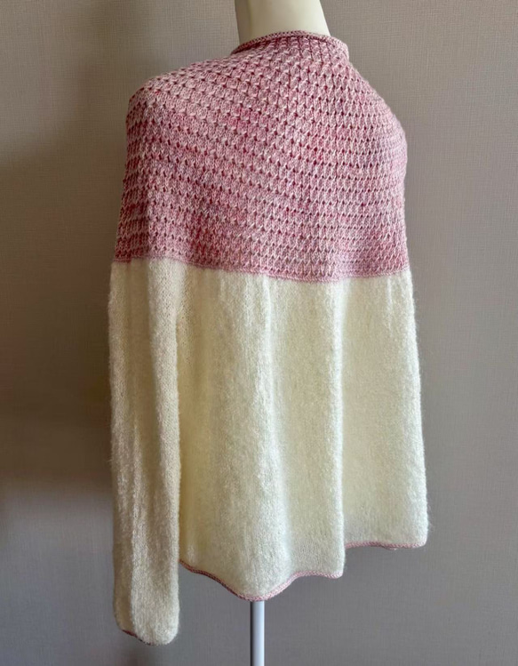 手編み ツートンセーター  ピンク&クリーム 9枚目の画像
