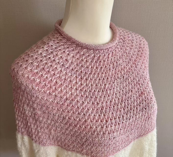 手編み ツートンセーター  ピンク&クリーム 2枚目の画像