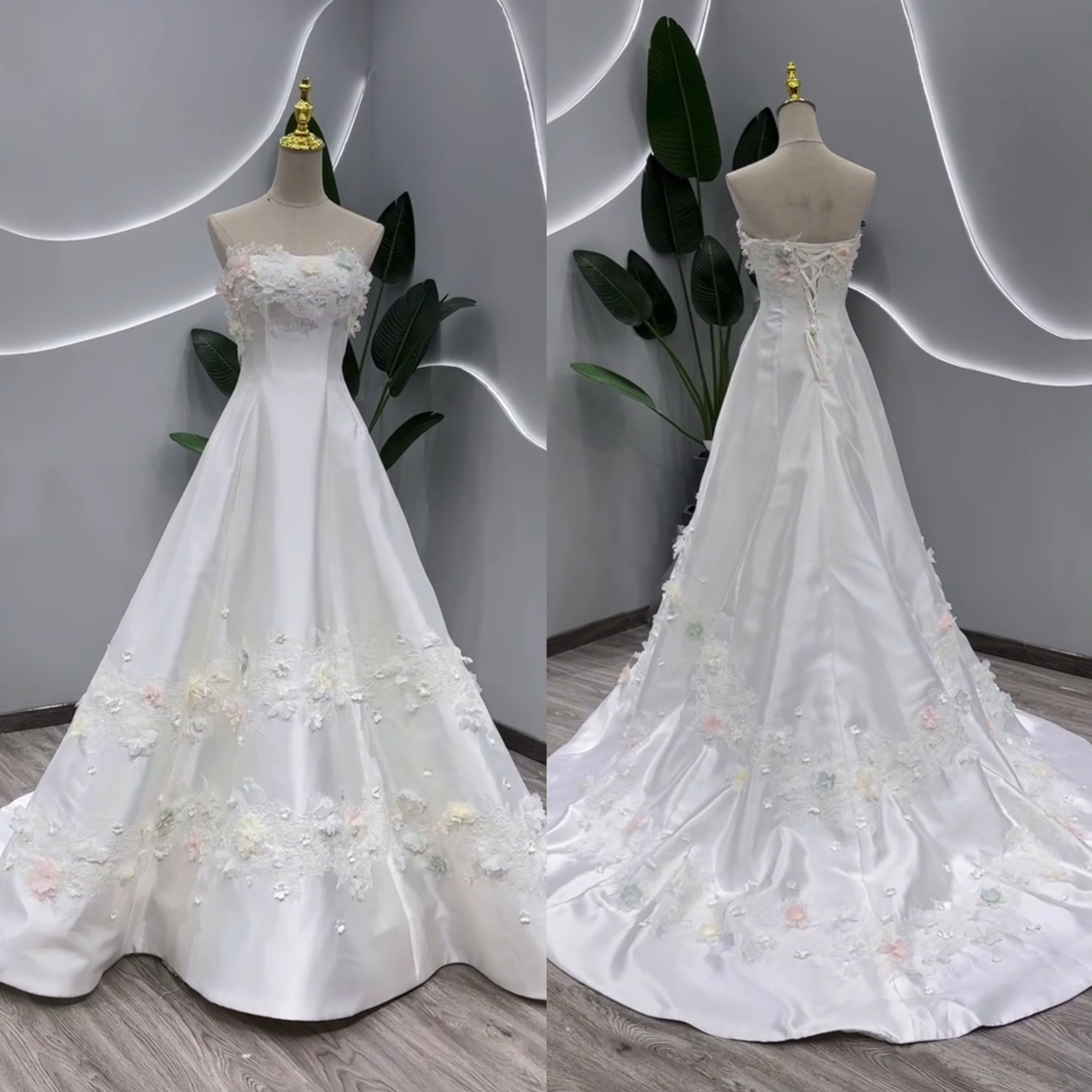 見逃さない！編み上げ　パーディードレス　スレンダーライン　ブライダル　ホワイト　ノースリーブ　サテン　お花飾り音楽会演奏