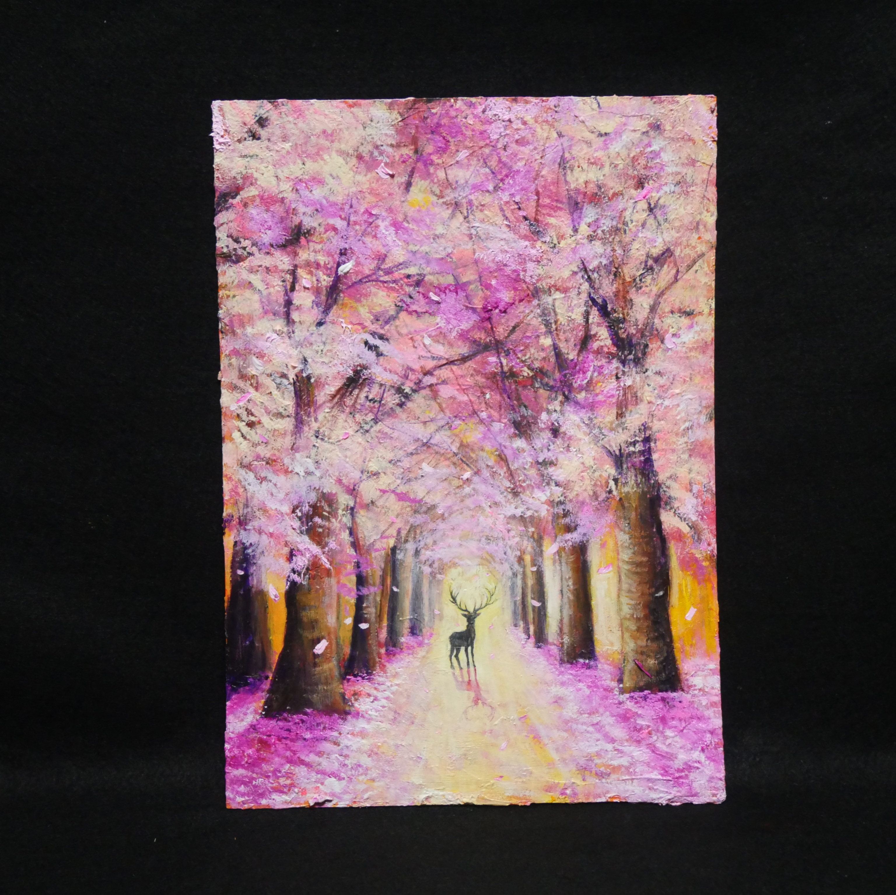 油絵 油彩 油彩画 絵 絵画【春景色の中で桜に立つ鹿】 油絵 油彩 油彩画 絵 絵画【春景色の中で桜に立つ鹿】 アクリル