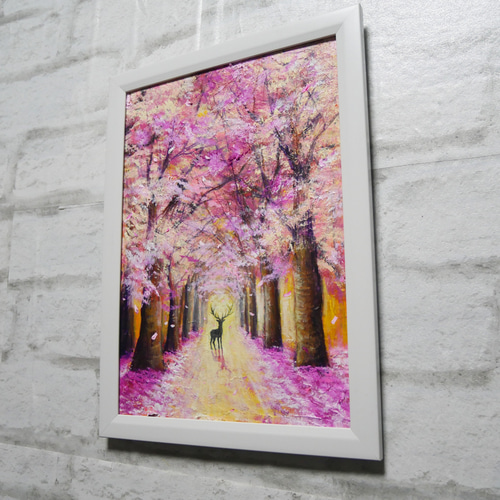 油絵 油彩 油彩画 絵 絵画【春景色の中で桜に立つ鹿】 絵画 HR