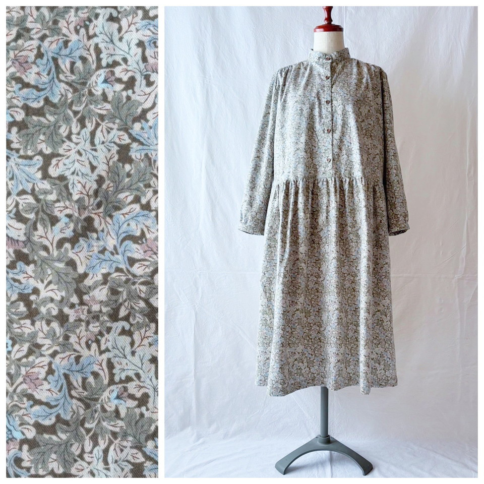 【ちいさいさん】レディのためのチェリーワンピース（長袖）：105cm丈（ウインターダマスク：オリーブ）