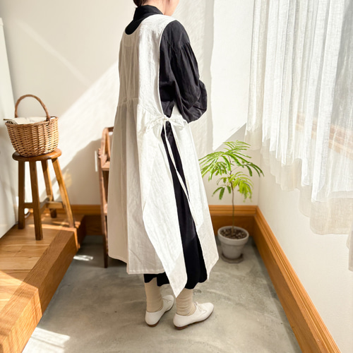 ベルギーリネン100% サイドリボンエプロンワンピース サイドリボン