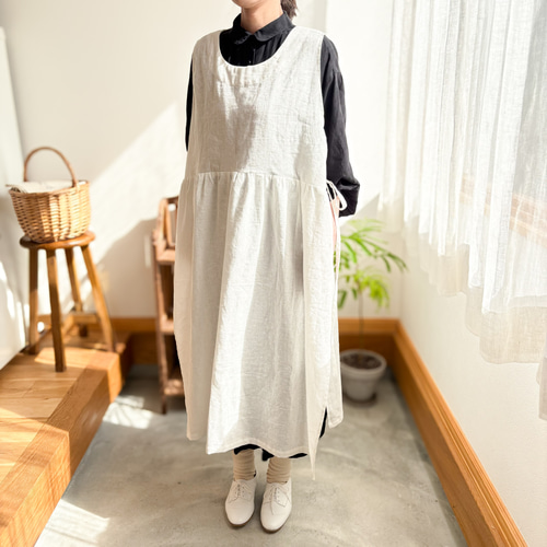 新品★ELLIFE★リネンサイドリボンエプロンワンピース サイドリボン エプロンワンピース リネン ワンピース toimême