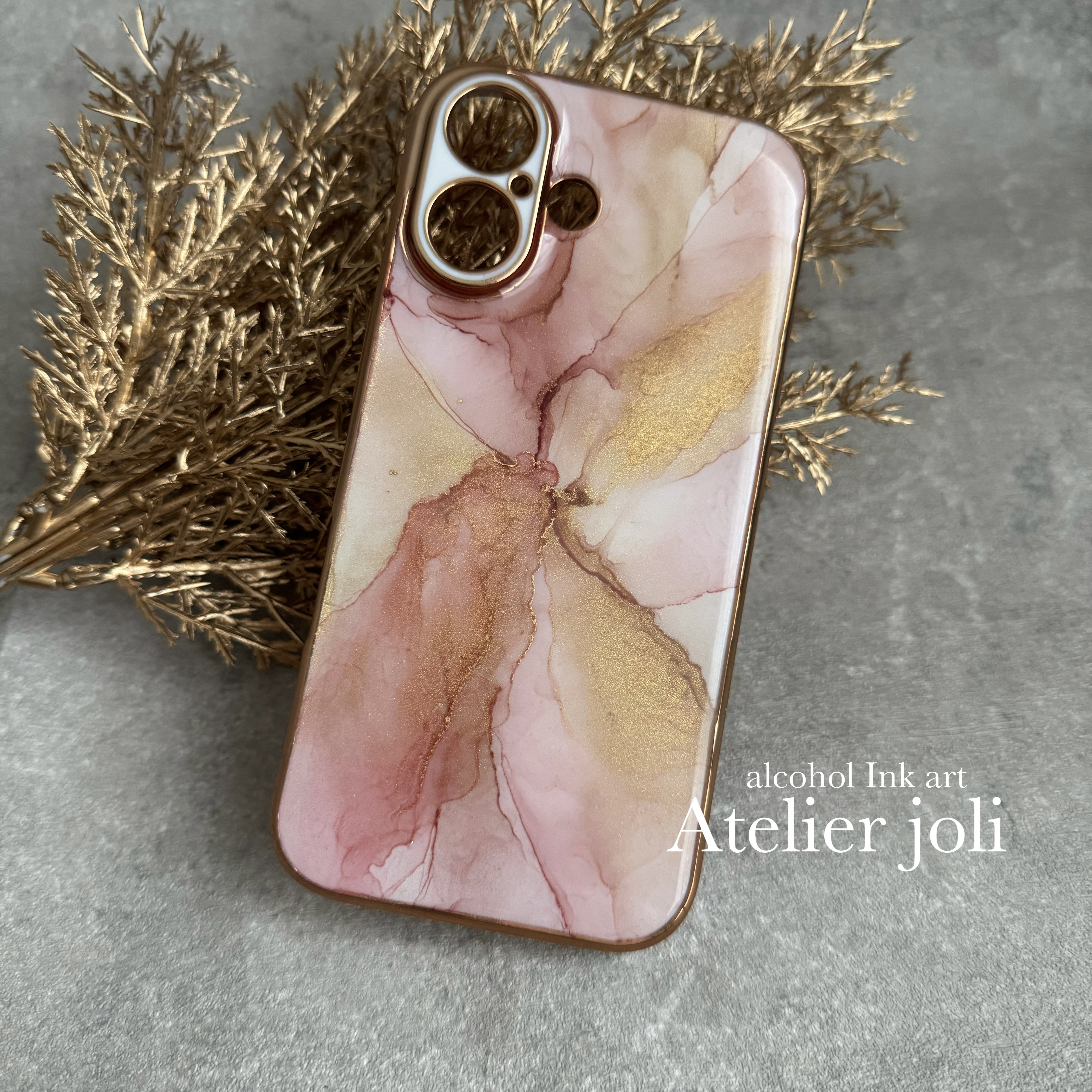 ベビーピンク×ゴールド｜iPhone対応／アルコールインクアート