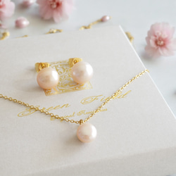 セット割引 桜色淡水パールの一粒ネックレスとピアスセット 長さ調節