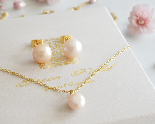 遺品整理品14点ピアス指輪ネックレス セット割引 桜色淡水パールの一粒ネックレスとピアスセット 長さ調節