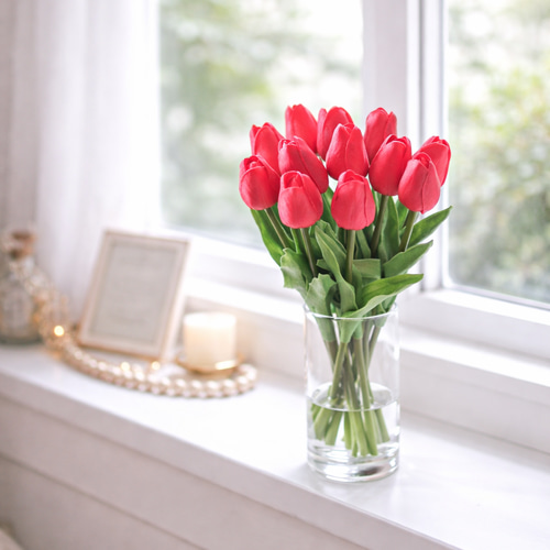 枯れないこぼれない 赤いチューリップのガラスベースアレンジ アート