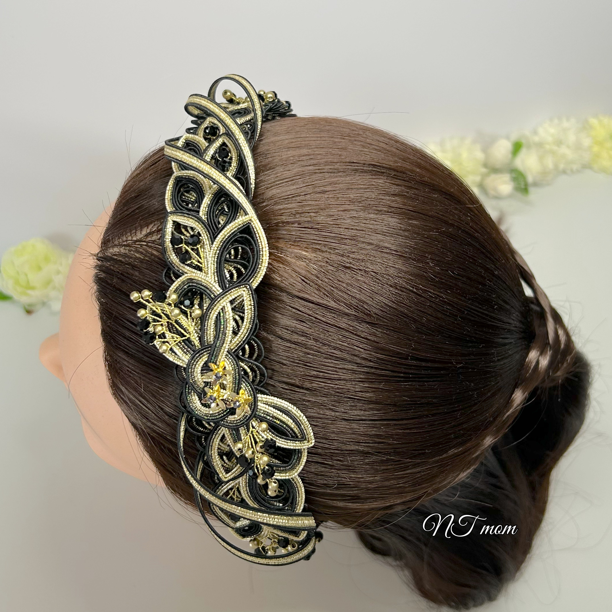 成人式卒業式結婚式・水引カチューシャ・変わりあわじ・黒淡金