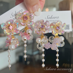 大ぶり 桜 ビジュー ピアス イヤリング イヤリング・ノンホールピアス