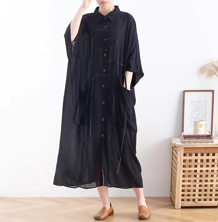 流れるような楊柳生地と飾り紐がエレガントに導く♪シアーシャツワンピース