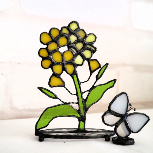 ステンドグラス・菜の花と蝶のサンキャッチャー（受注製作