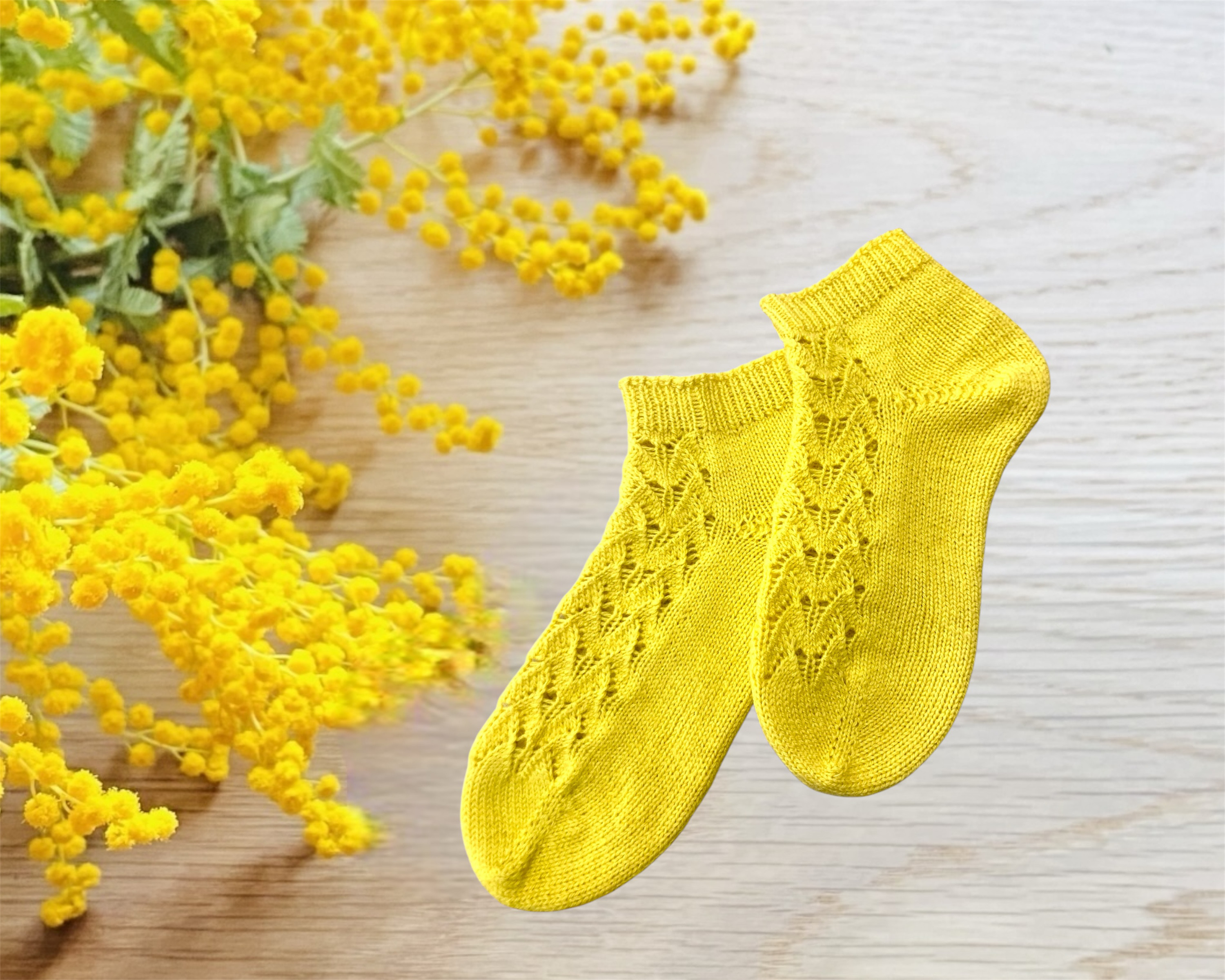 春を先取りミモザソックス 23〜23.5㎝ ★手編みの靴下★ミモザ2025★鮮やかイエロー★ウール100%★