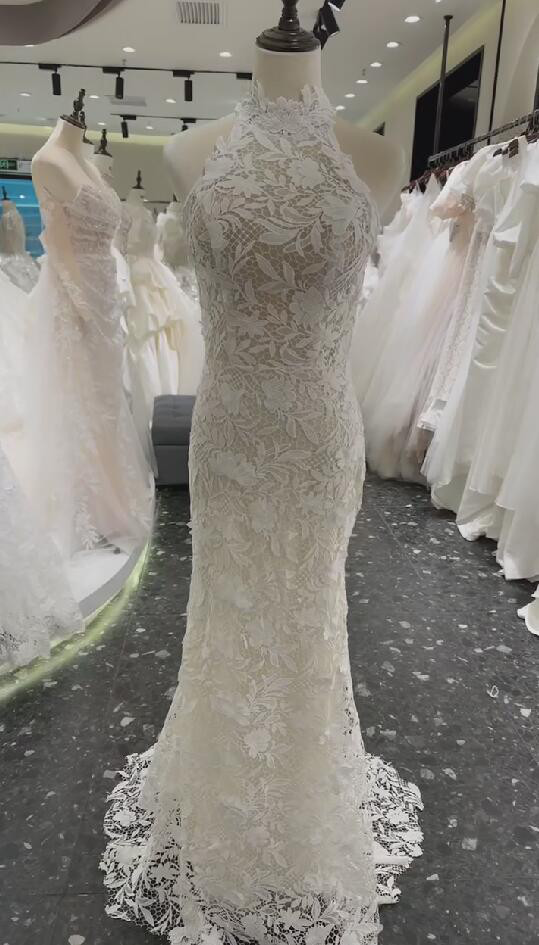 総レースウエディングドレス　マーメイド　トレーン　ホルターネック　結婚式　前撮り　披露宴