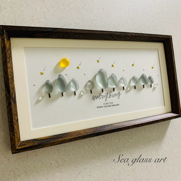 シーグラスアート 海の宝石 星 月 星に願いを インテリア雑貨 壁掛け 置物 シーグラス アートパネル 月 森 星インテリア雑貨 北欧ガラス細工 海の