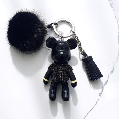 ブラックキュービックくまのぬいぐるみ ミンクファー タッセル