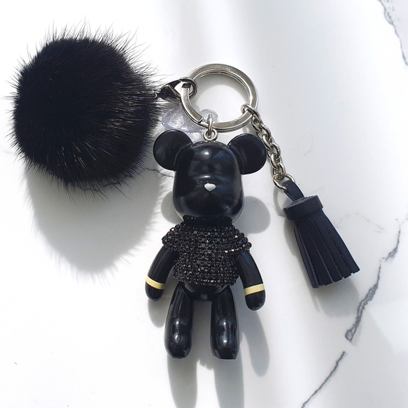 ブラックキュービックくまのぬいぐるみ ミンクファー タッセル