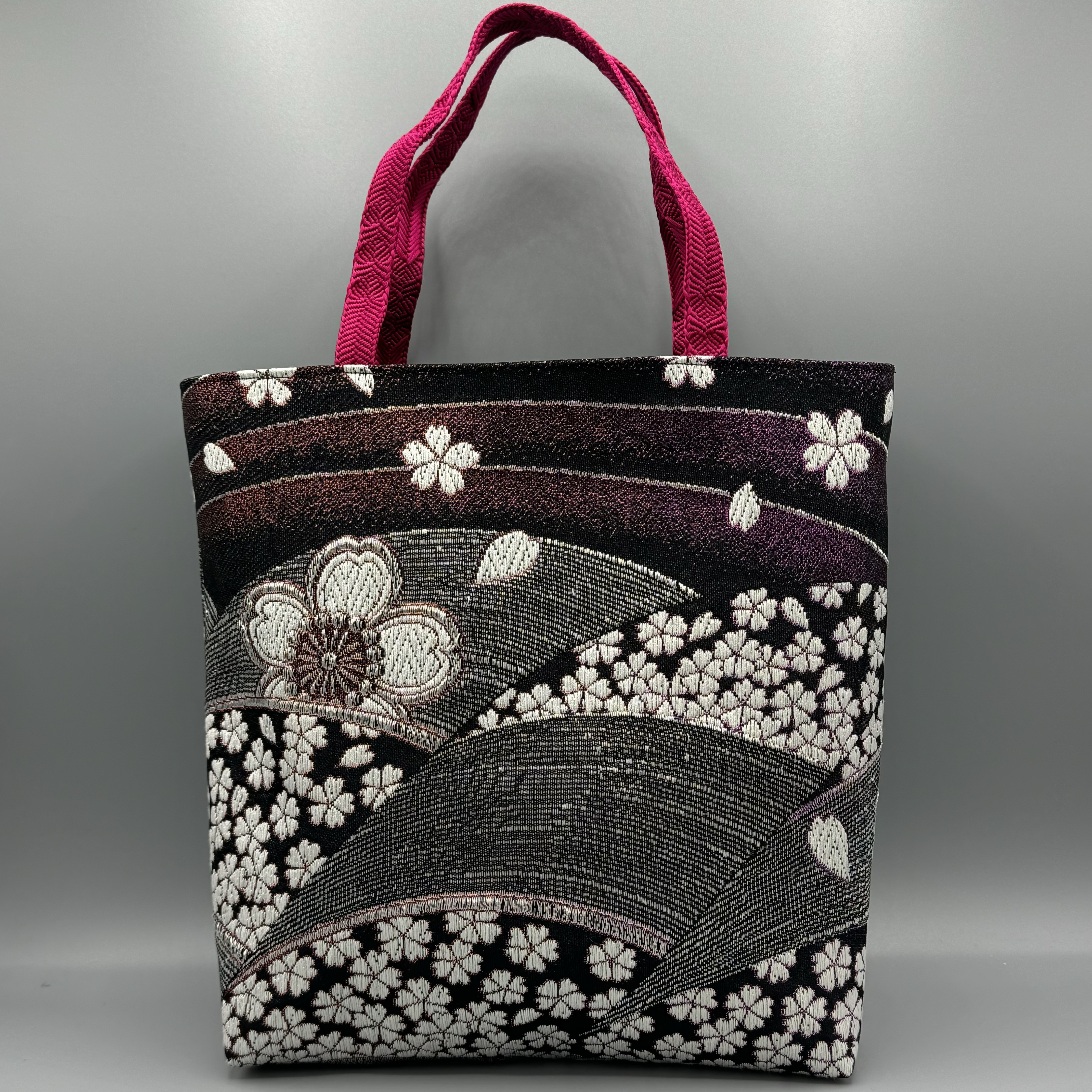着物 帯 リメイク ハンドメイド トートバッグ 黒 帯締め 桜