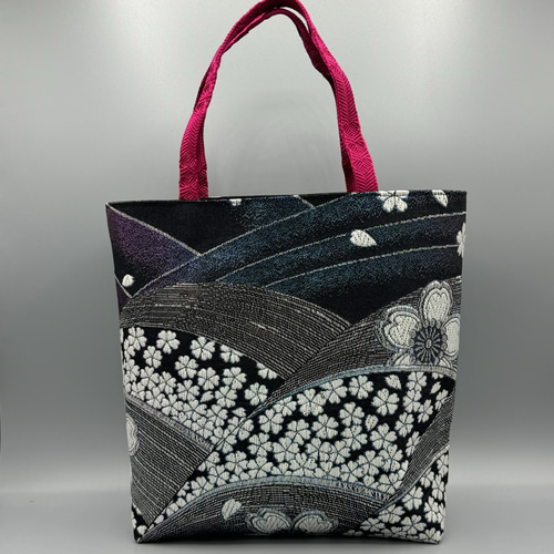 着物 帯 リメイク ハンドメイド トートバッグ 黒 帯締め 桜