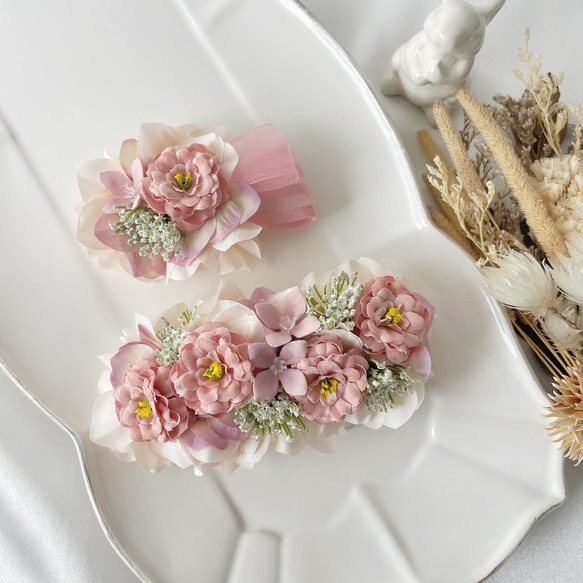 親子でおそろい ポンポンローズのバレッタとヘアクリップのセット