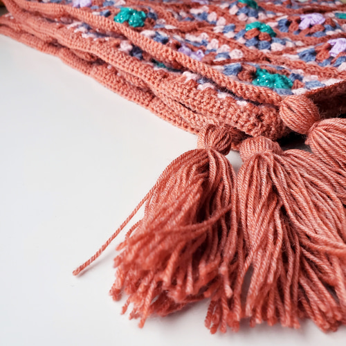 手編み❁グラニースクエアのブランケット 約86×86cm ブラウン×ピンク