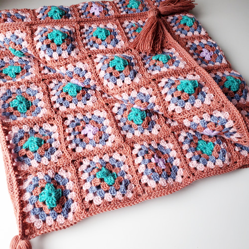 手編み❁グラニースクエアのブランケット 約86×86cm ブラウン×ピンク