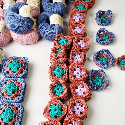 手編み❁グラニースクエアのブランケット 約86×86cm ブラウン×ピンク