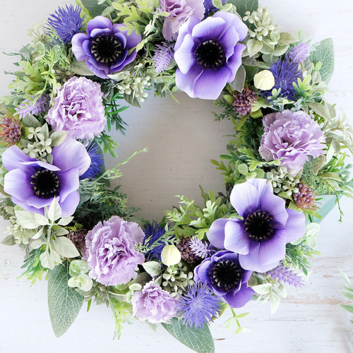 紫色のアネモネとカーネーションのリース [アーティフィシャルフラワー