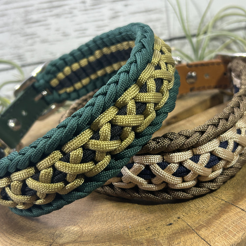ハンドメイド パラコード首輪 グリーン×カーキ【37～42cm】 シックな