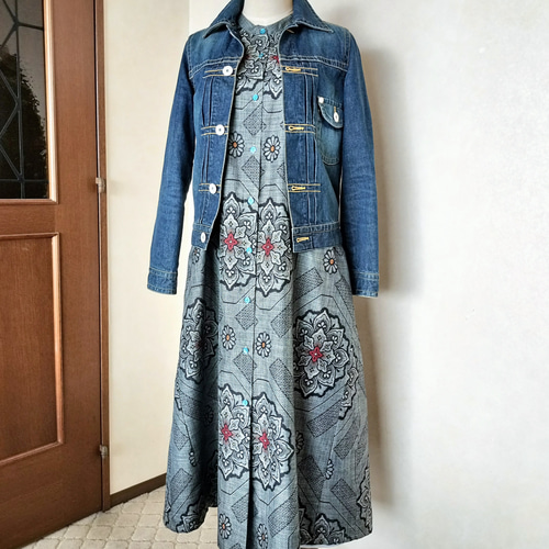 Happy Sale!】着物リメイク◇龍郷柄紬のAラインシャツワンピース 