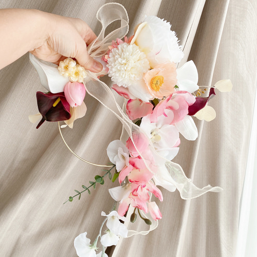 バラ　バレエコア　リボンブーケ　ウェディングブーケ　アーティフィシャルフラワー White & pink リボン型 ブーケ ウェディングブーケ バレエコア 胡蝶蘭