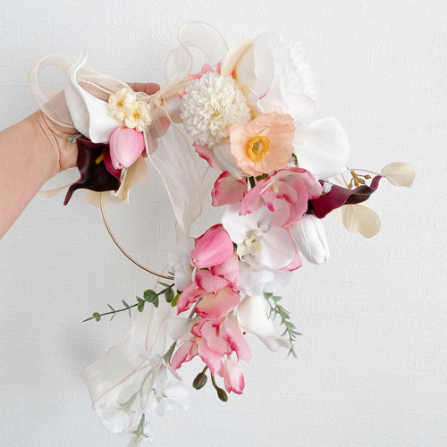 White & pink リボン型 ブーケ ウェディングブーケ バレエコア 胡蝶蘭