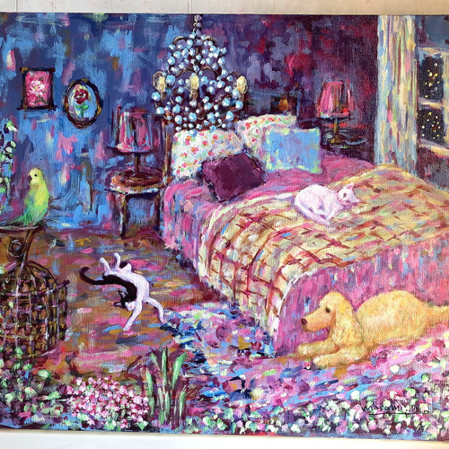 「猫とインコとイングリッシュコッカーのいる寝室」 アクリル画 原画 F8 猫とインコとイングリッシュコッカーのいる寝室」 アクリル画 原画 F8