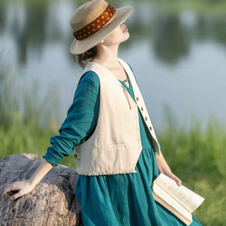 レイヤードでおしゃれ度アップ　デニムコットンのベスト　ポケット付【春秋夏】アイボリー 4枚目の画像