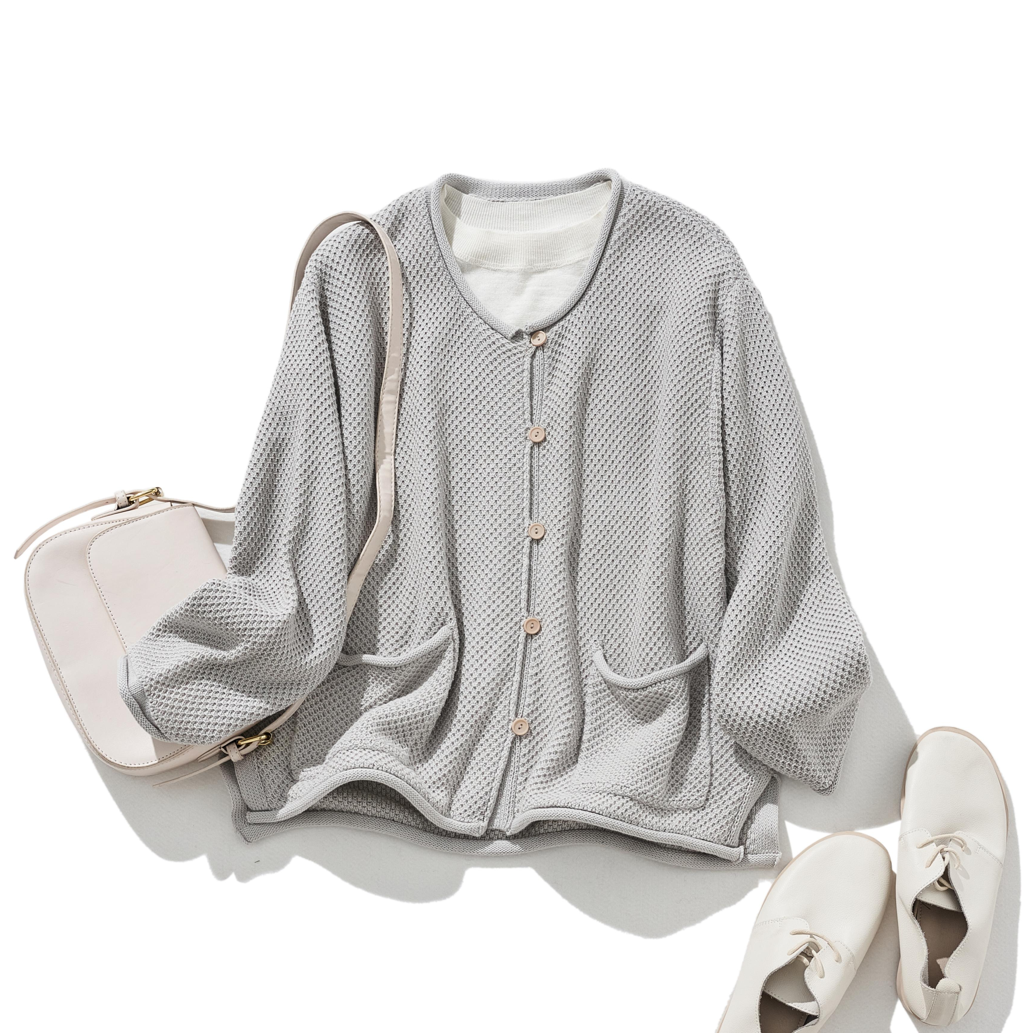 ★即納★ゆるっとシルエットでラフに着られる鹿の子編みカーデ　ライトグレー　250203-1