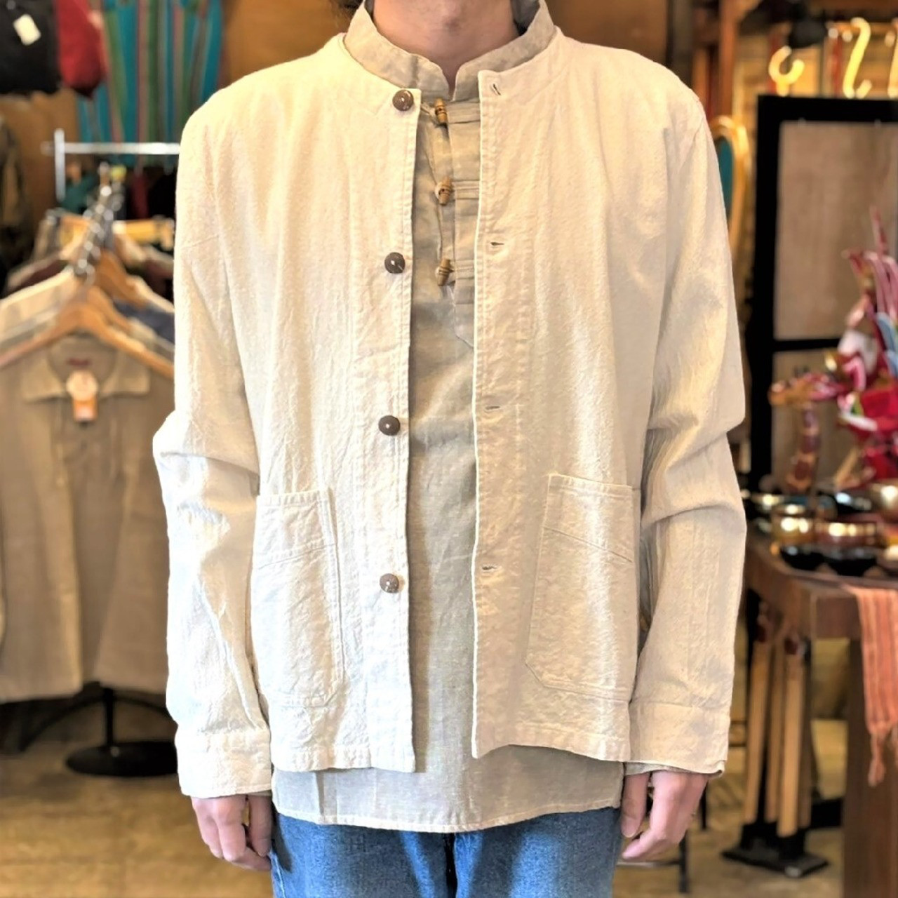 ジャケット ノーカラー 襟なし コットン 綿 無地 ライトアウター カジュアル メンズ レディース