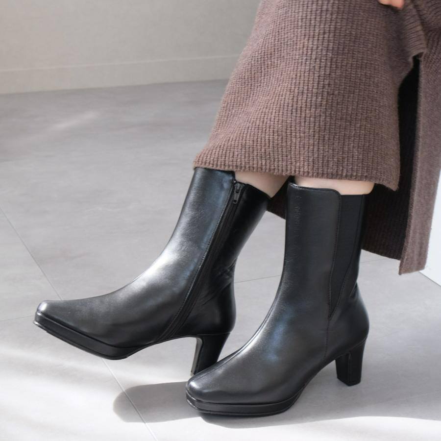 【10%OFF期間中】美シルエットですっきり見え　サイドゴアで動きにあわせて足にフィット 本革ブーツ / PO6768